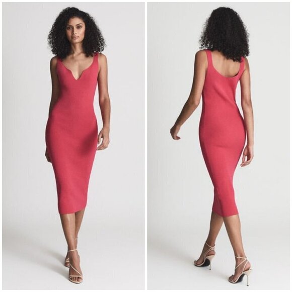 💕REISS💕 Dakota Sweetheart Neck Knitted Bodycon Dress ~ Pink Medium M - Picture 2 of 16